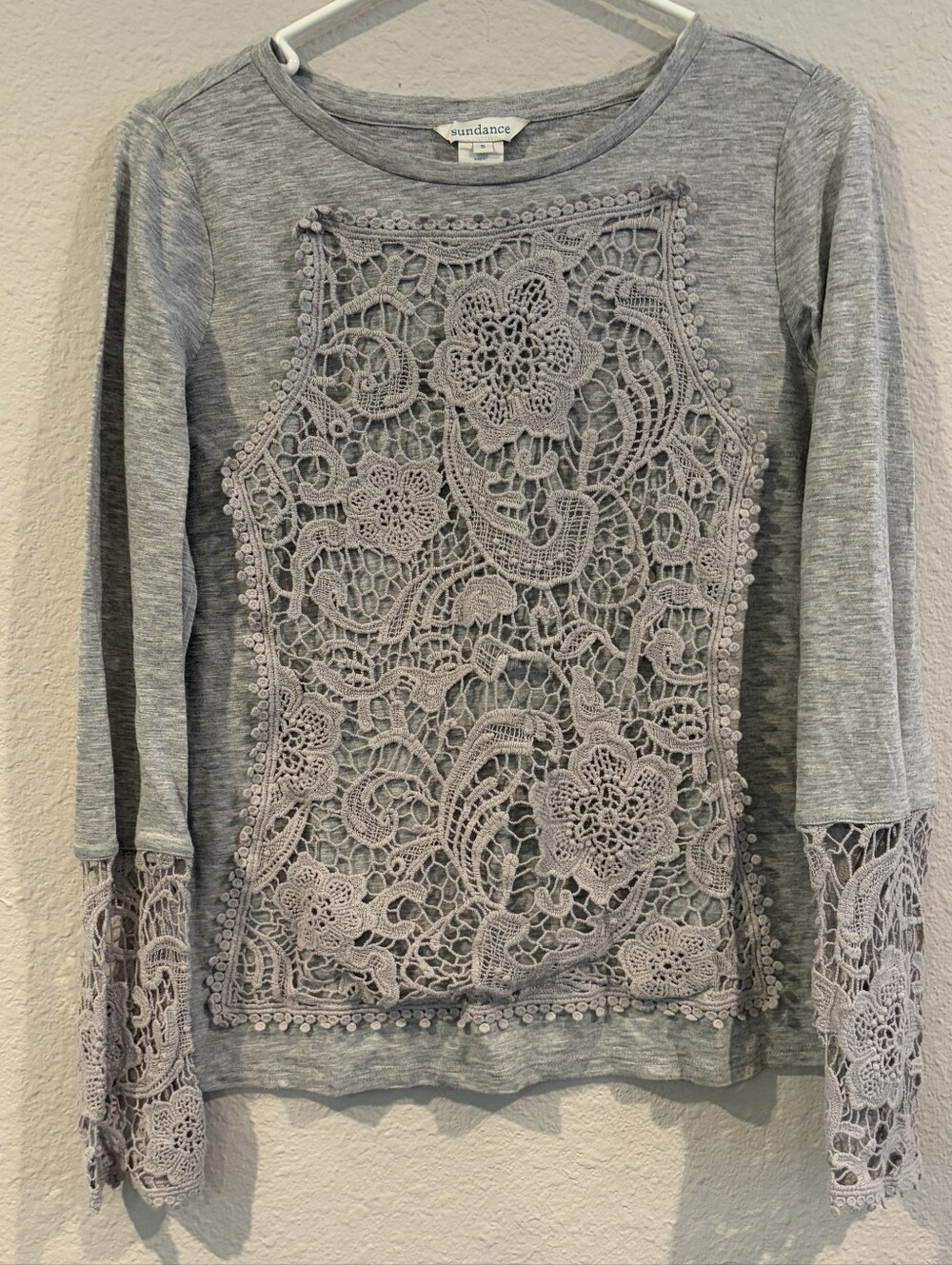 Sundance Womens Grey Embroidered Lace Trim Long‎ Sleeve Blouse Shirt Size Small